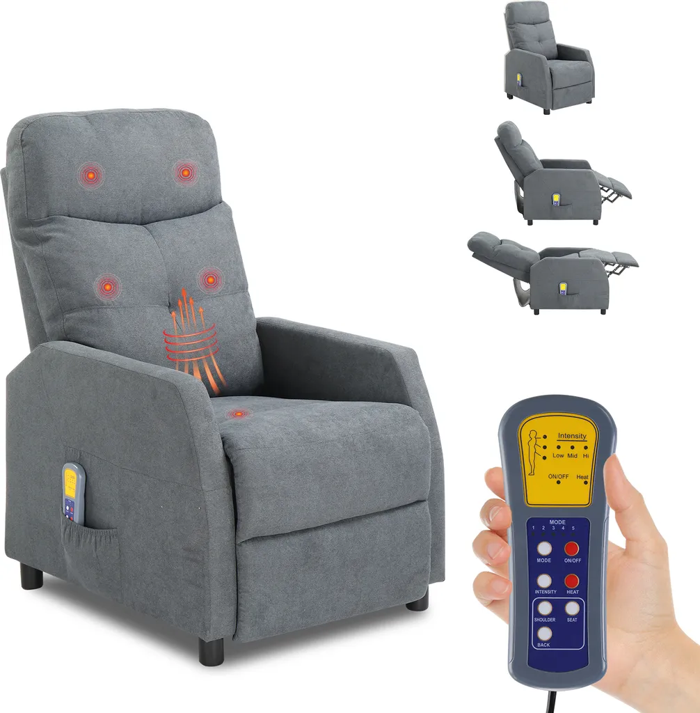 Fauteuil de massage FCH gris en tissu avec chauffage et inclinaison