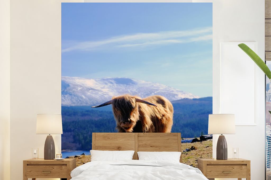 MuchoWow Fototapete für Wohnzimmer oder Schlafzimmer Wandtapete Vinyl Motivtapete Schottischer Highlander - Leicht - Berg - 210x260 cm - Wand Ta...