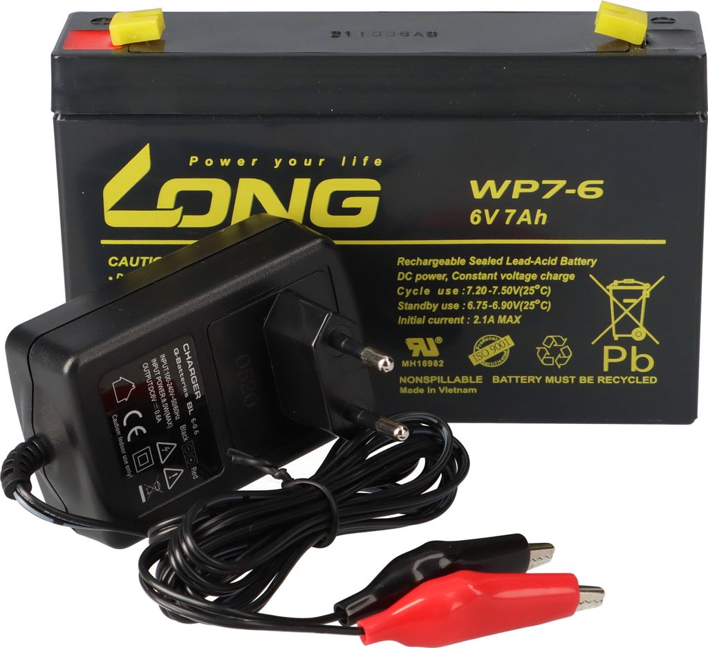 A black rechargeable sealed lead-acid battery and a black charger with red and black alligator clips are shown on a white background.