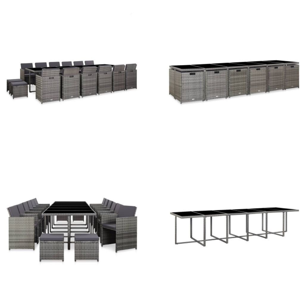vidaXL 17 tlg. Garten Essgruppe mit Auflagen Poly Rattan Grau - Gartentisch Und -stuhl - Gartentische Und -stühle - Garten-Essgruppe - Garten-Essg...