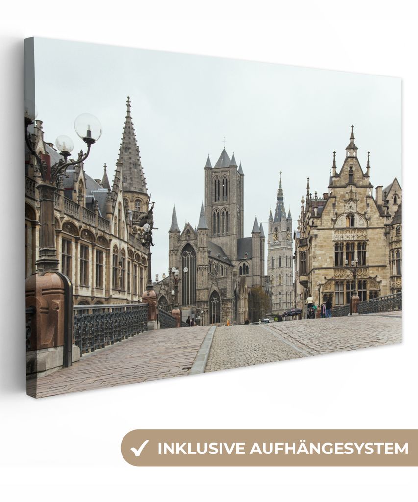 OneMillionCanvasses - Leinwandbilder - 140x90 cm, Architektur - Platz - Gent, Wandbilder Kunstdruck Wanddekoration - Foto auf Leinwand - Gemälde...