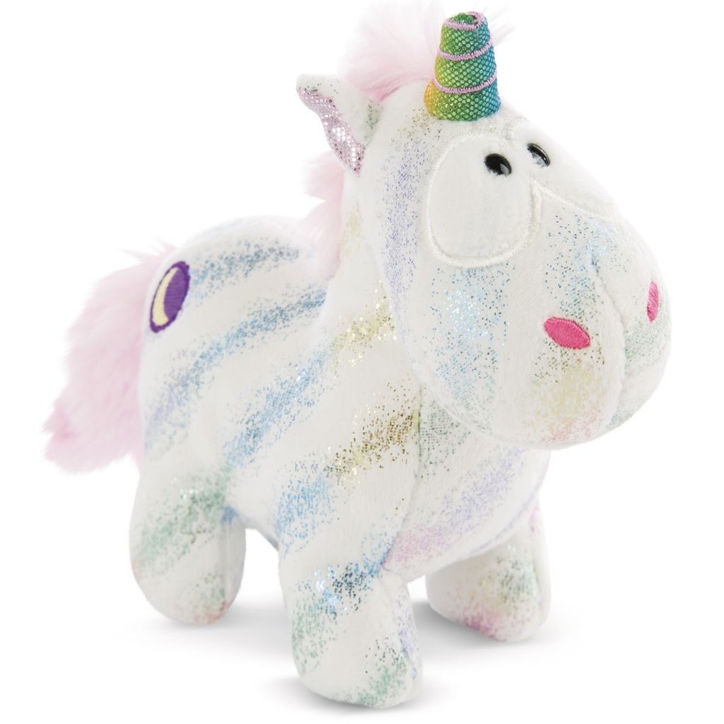 A plush unicorn toy with glittery stripes and a rainbow horn.