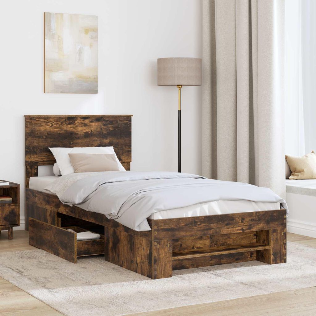 (Design 2026) Bettrahmen Geräucherte Eiche 90 x 200cm Holzwerkstoff - HOMMIE 671290 - Klassische BettenJugendbett Tagesbett