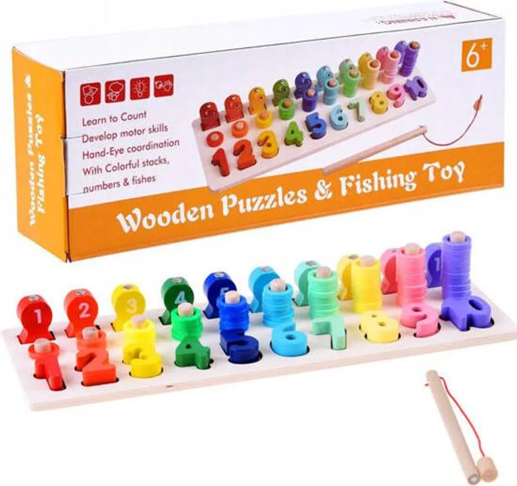 Apprendre à compter avec le puzzle bois et jeu de pêche pour enfants