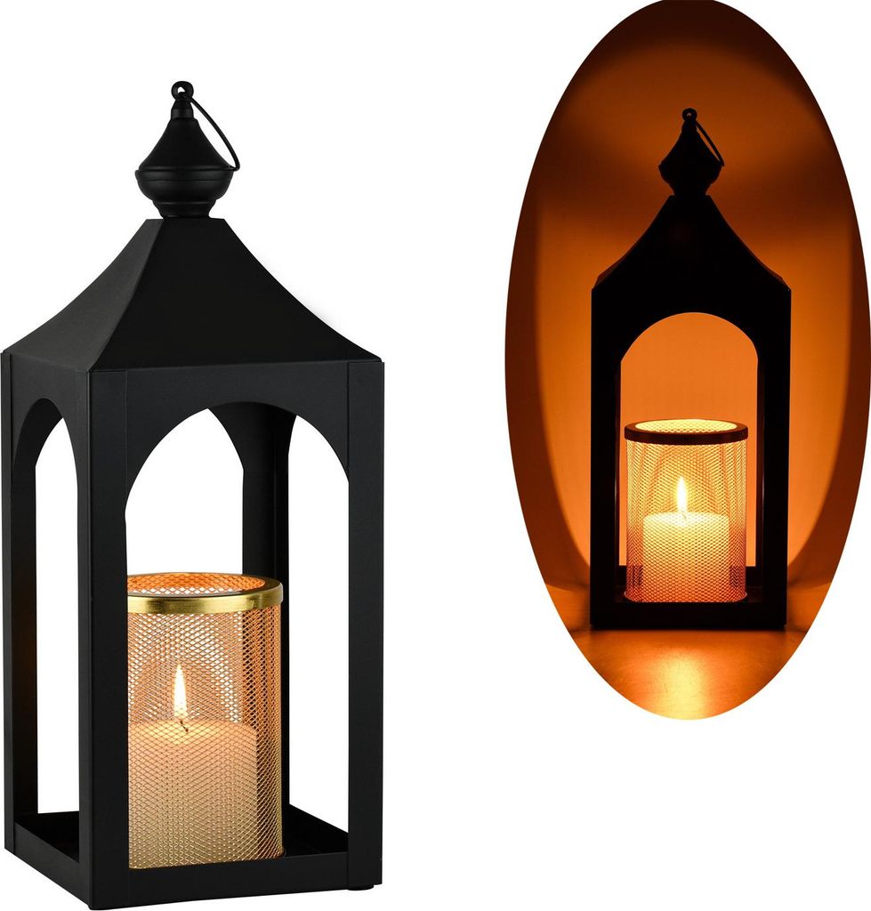 Marrakesch Skandinavische Deko Windlicht Laterne 42cm aus Metall | Teelichthalter als Tischdeko Wohnzimmer Deko | Kerzenhalter Cadmus schwarz gold ...