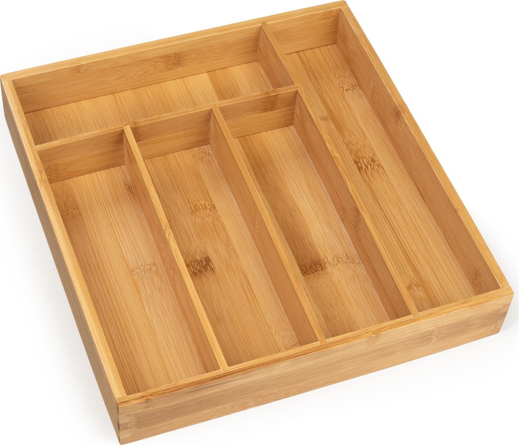 An empty bamboo cutlery organizer with multiple compartments.