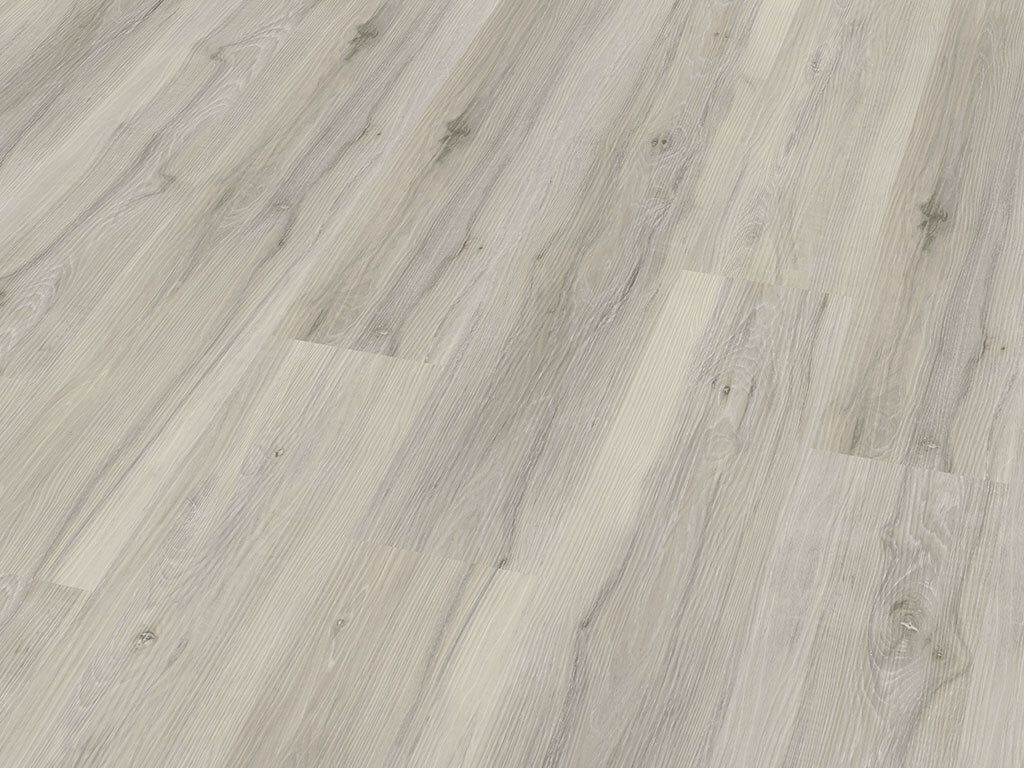 A close-up view of a light gray wood-look vinyl flooring.