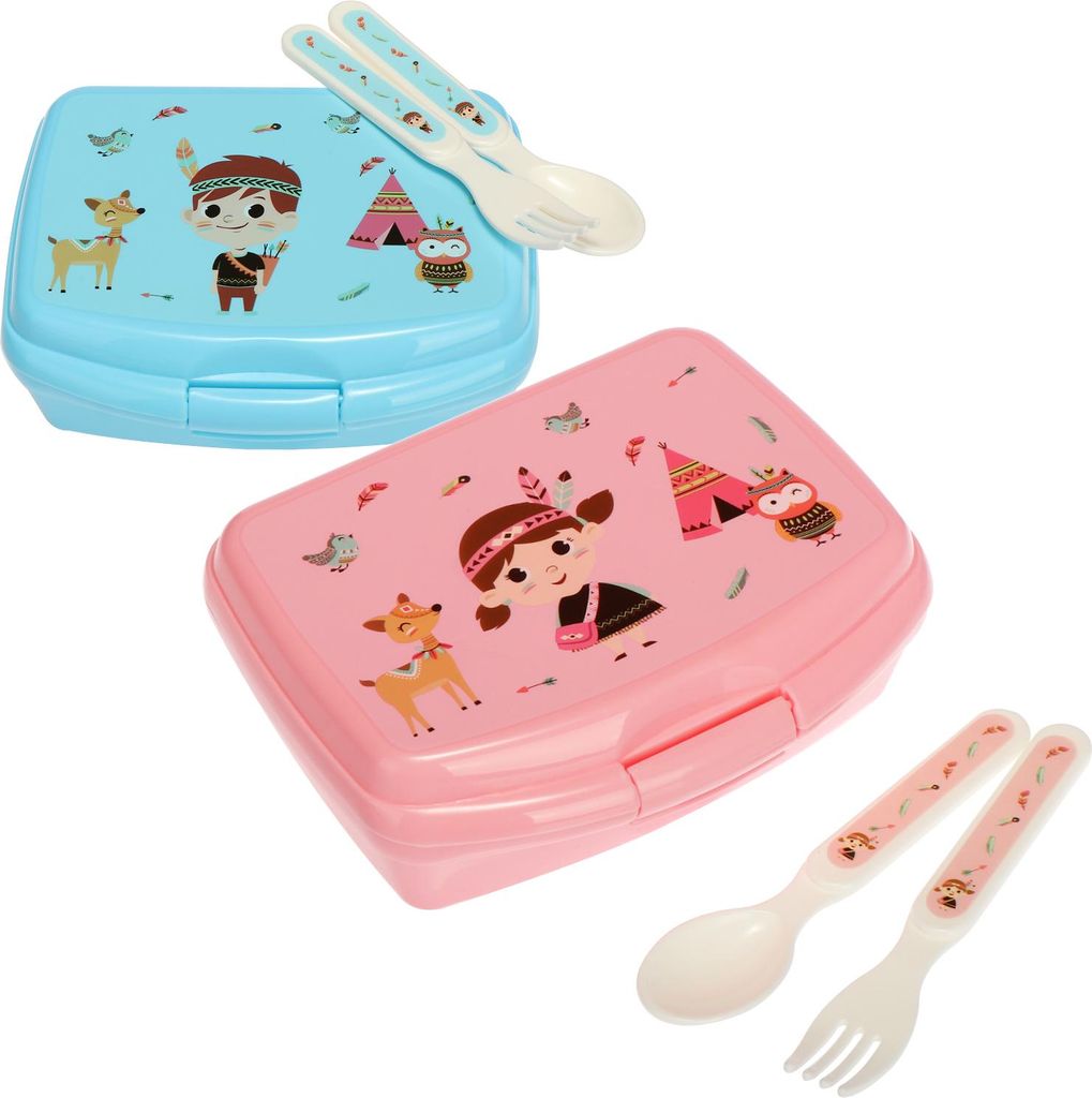 COM-FOUR 6-teiliges Set aus Lunch-Box und Besteck, mit lustigen Indianer-Motiven für Jungs und Mädchen, Brotdosen mit Löffel und Gabel