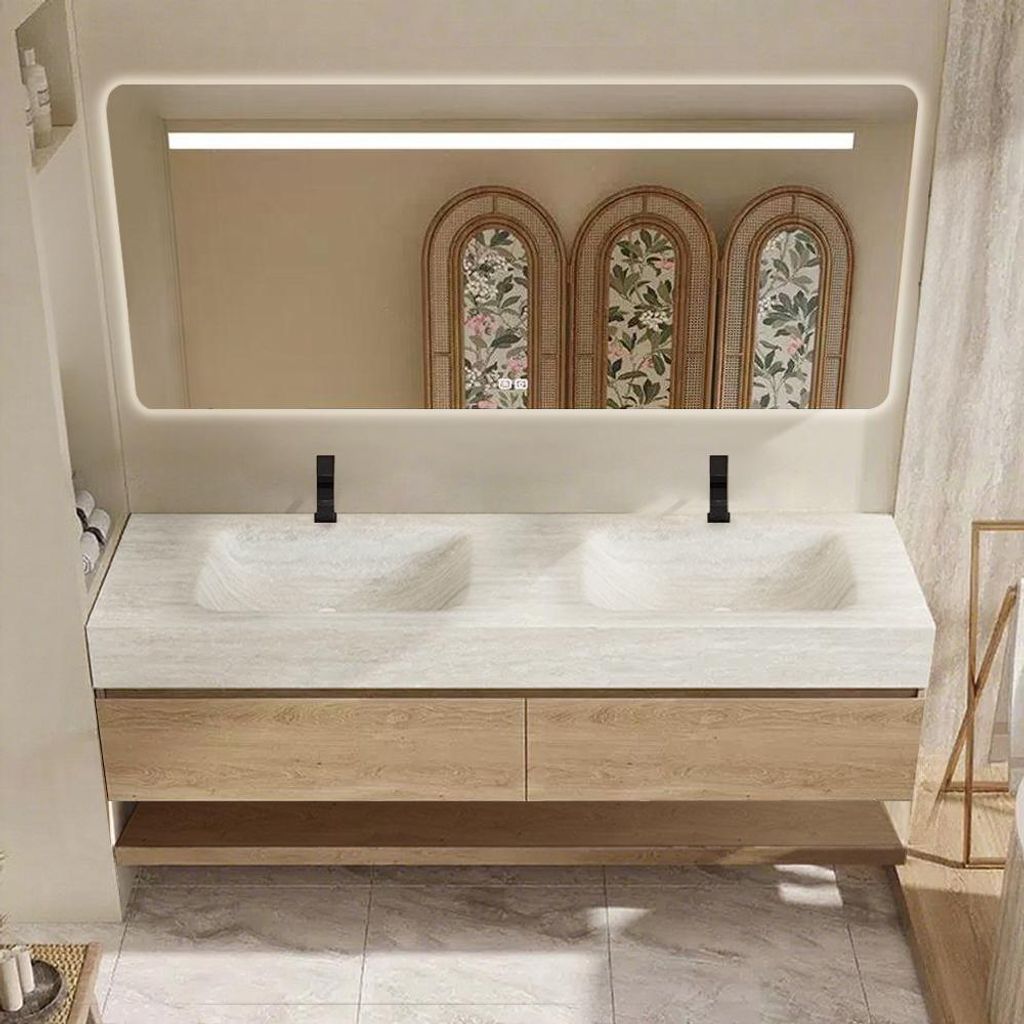 Wandhängendes Badmöbel-Set Travertin-Look mit Sinterstein Doppelwaschbecken Spiegel Unterschrank Ablage 2 Armaturbohrungen 130×55 cm【RW4822-13...