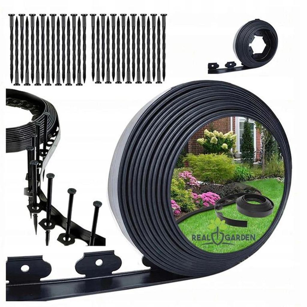 Rasenkante Schwarz 20m Garten-Set | 60 Erdanker Befestigungsklammern | 40x50mm Flexibel