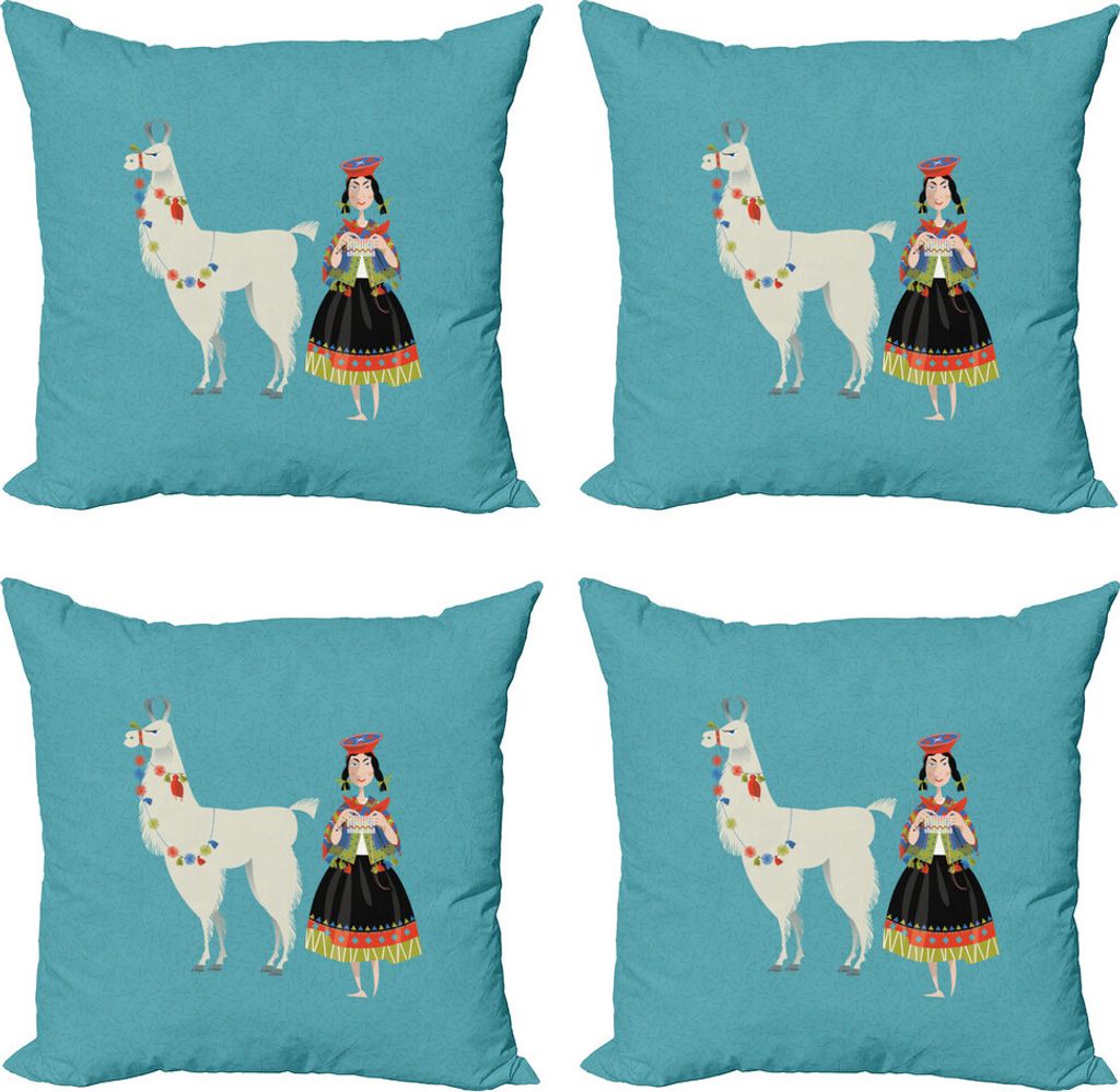 ABAKUHAUS Lama Kissenbezug Set (4 Stück), Peruanische Knitting Frau, Moderner Doppelseitiger Digitaldruck, 60 cm x 60 cm, Mehrfarbig