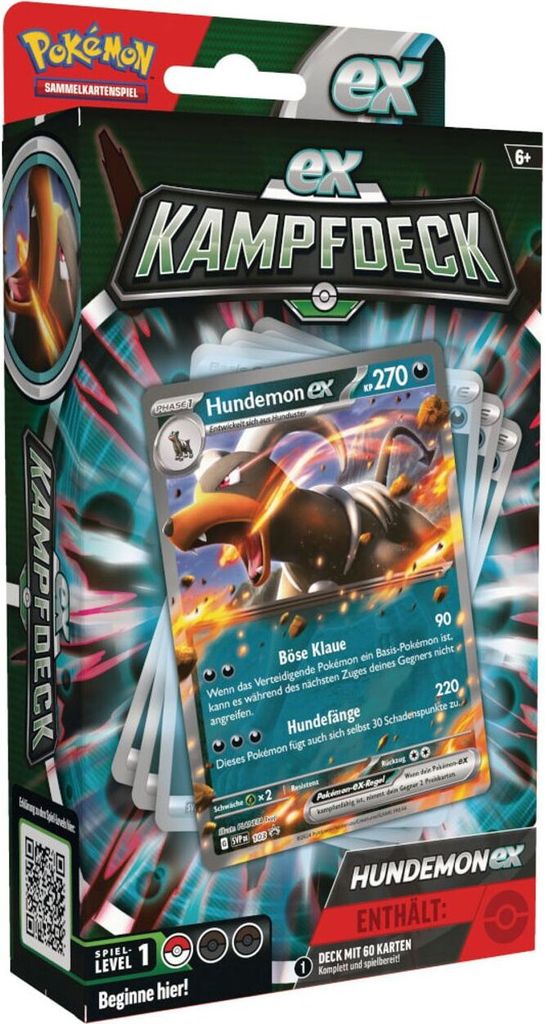 A product shot of a Pokemon TCG EX-Kampfdeck (Battle Deck) for Hundemon EX.