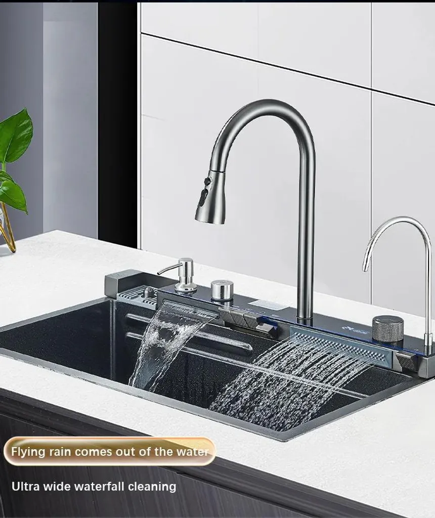 Évier timbre d'office gris bronze en acier inox avec mitigeur digital