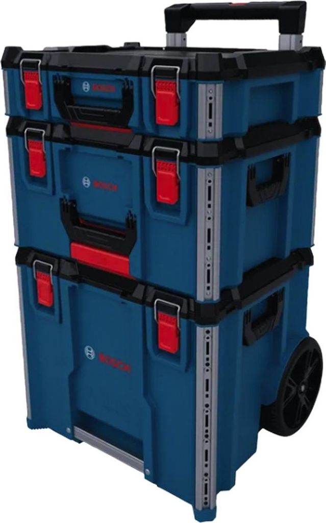 A stack of three blue Bosch toolboxes with red latches and black trim, on wheels.