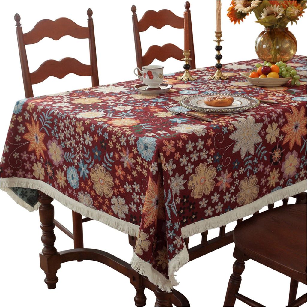 Tischdecke Rechteckige Vintage Blume Tischdecke mit Quasten, Rot, 140x200cm