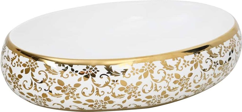 A white oval basin with a gold floral pattern around the rim, shown from a side angle against a white background.