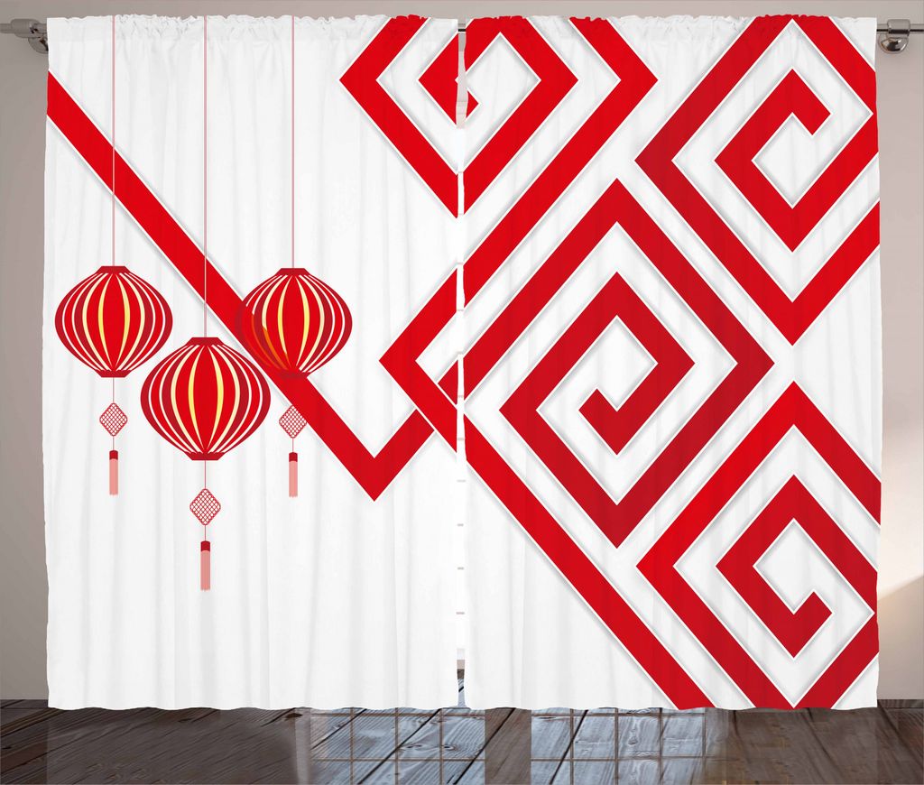 ABAKUHAUS Laterne Rustikaler Gardine, Chinese Abstrakte Kunst, Schlafzimmer Kräuselband Vorhang mit Schlaufen und Haken, 280 x 245 cm, Weiß Rot