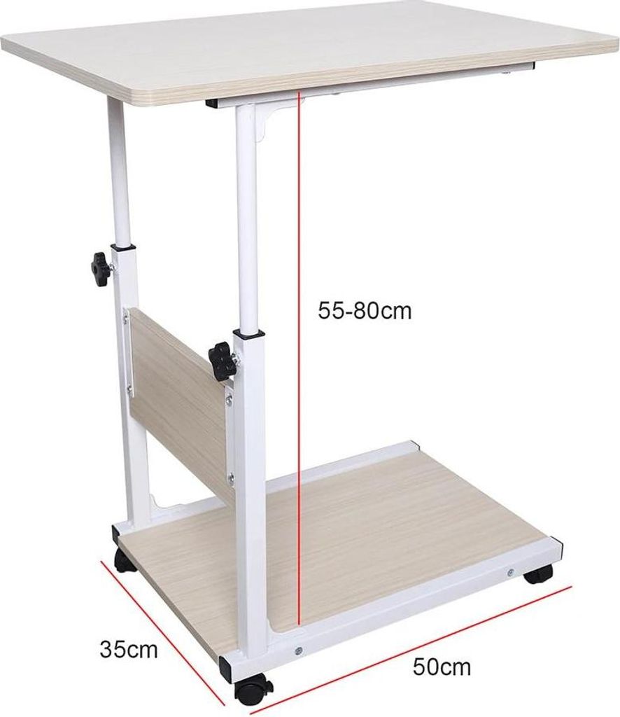 Rollbarer Beistell- und Nachttisch - Höhenverstellbar 55–80 cm - Tischplatte 60×40 cm - 2 Ebenen - 4 Rollen mit Bremse - Tragkraft 20 kg - Weiß