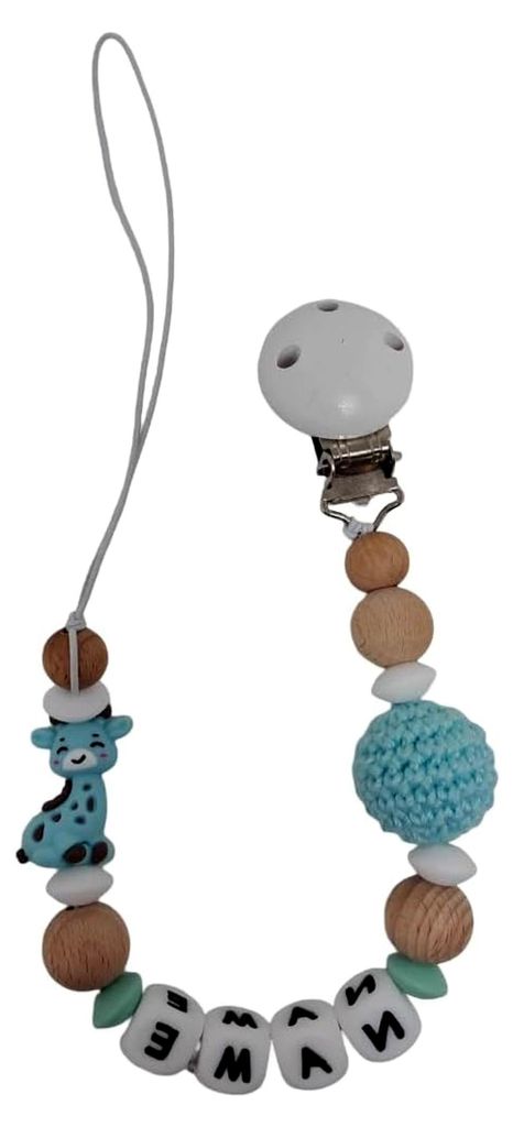 Personalisierte Schnullerkette mit Namen für Mädchen oder Jungen zur Geburt und Taufe (Giraffe hellblau)