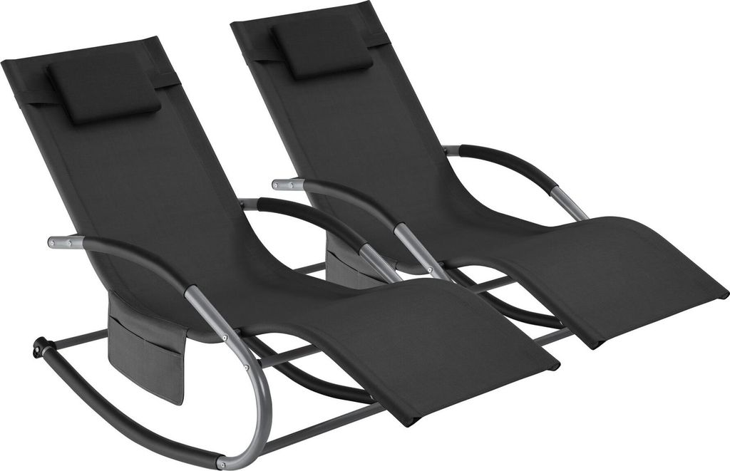 Two black rocking lounge chairs are shown against a white background.