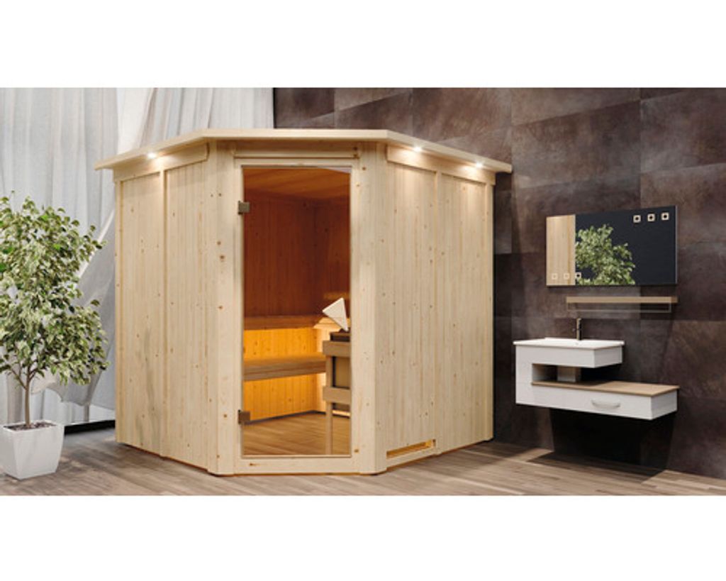 Elementsauna Karibu Piemon inkl. 9 kW Ofen u.integr.Steuerung mit Dachkranz und bronzierter Ganzglastüre