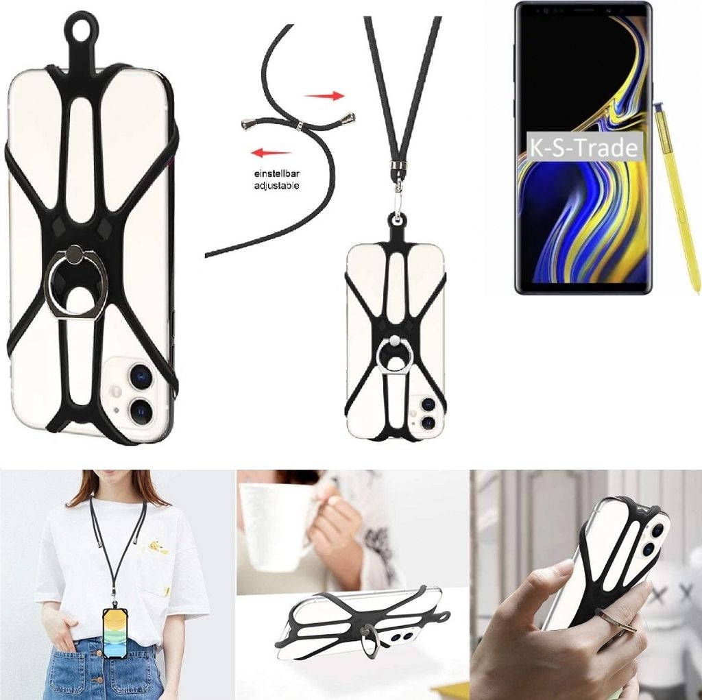 K-S-Trade 3in1 Handykette Handyband Handykordel Halsband Smartphone-Ring Handy-Ring kompatibel mit Samsung Galaxy Note 9 Fingerhalterung Handyring