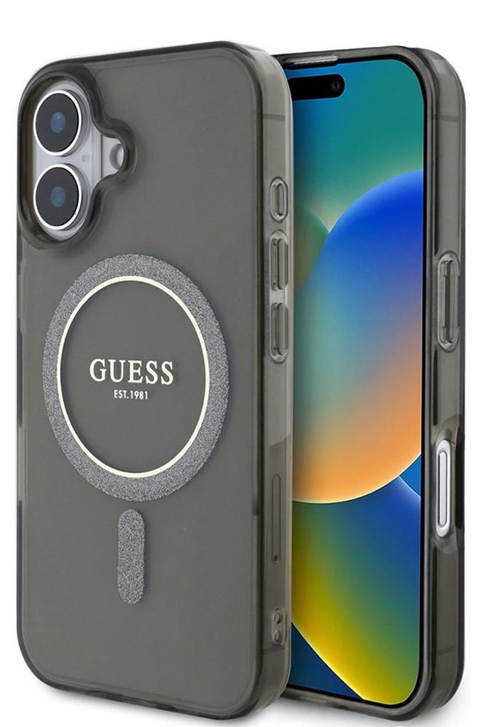 Guess GUHMP16MHFGEREK iPhone 16 Plus 6,7" schwarz/schwarz Hardcase IML Glitter Circle MagSafe Schutzhülle