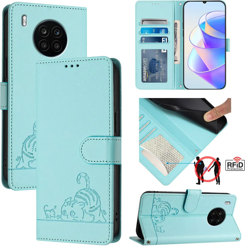 Custodia Gatto Huawei Nova 8i / Honor 50 Lite Pelle Verde Chiaro