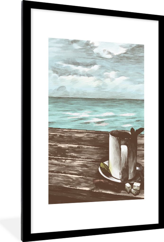 MuchoWow MuchoWow Gerahmtes Poster Becher - Tee - Meer 60x90 cm - Poster mit zchwarzem Bilderrahmen - Dekoration - Wandposter Wohnzimmer - Hoch...