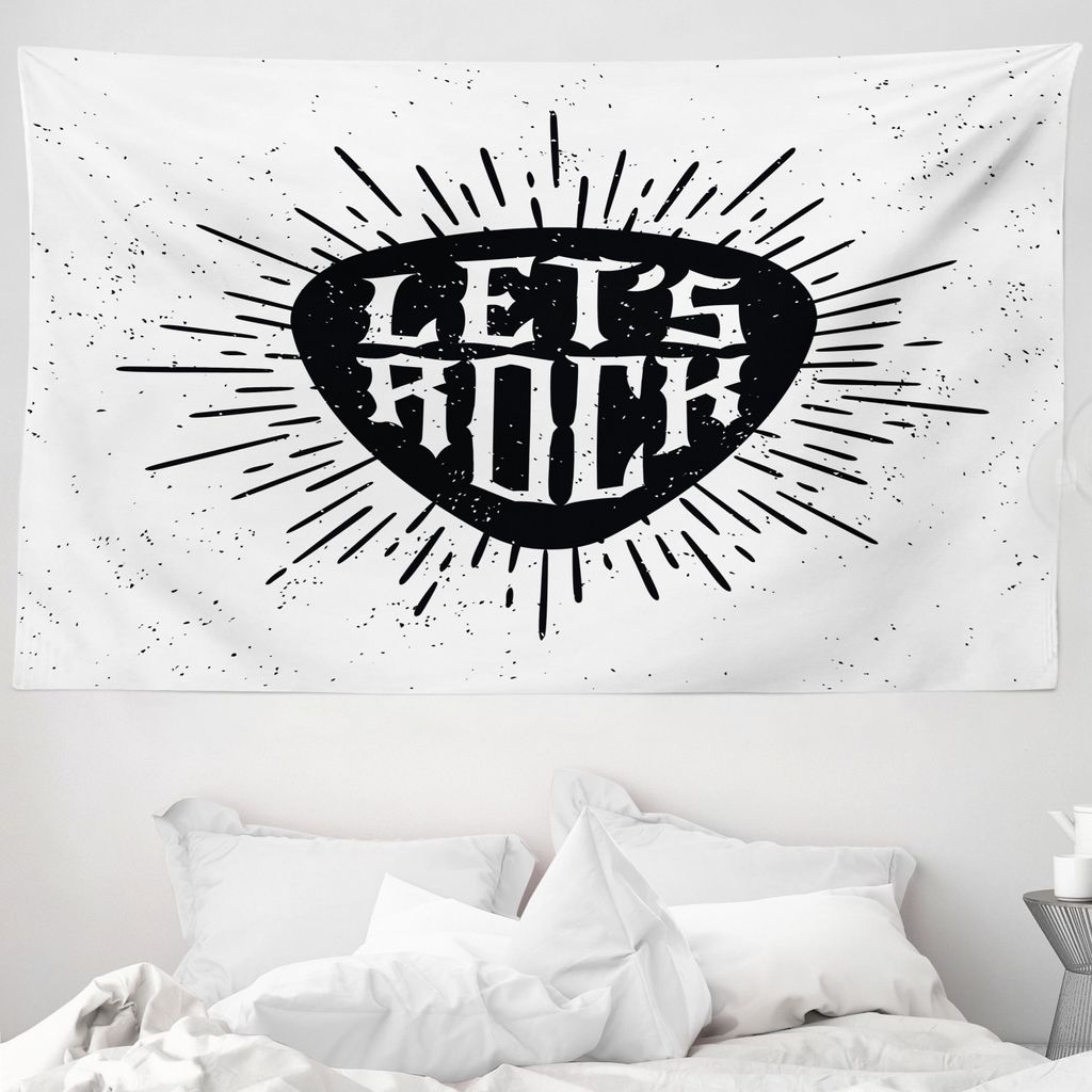 ABAKUHAUS Rockmusik Wandteppich, Lets Rock Wörter aus Weiches Mikrofaser Stoff Waschbar ohne Verblassen Digitaldruck, 230 x 140 cm, Weiß Schwarz