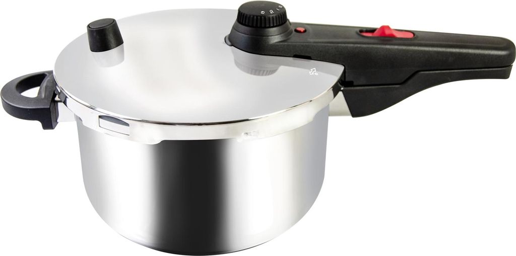 A stainless steel pressure cooker with a black handle and lid accents.