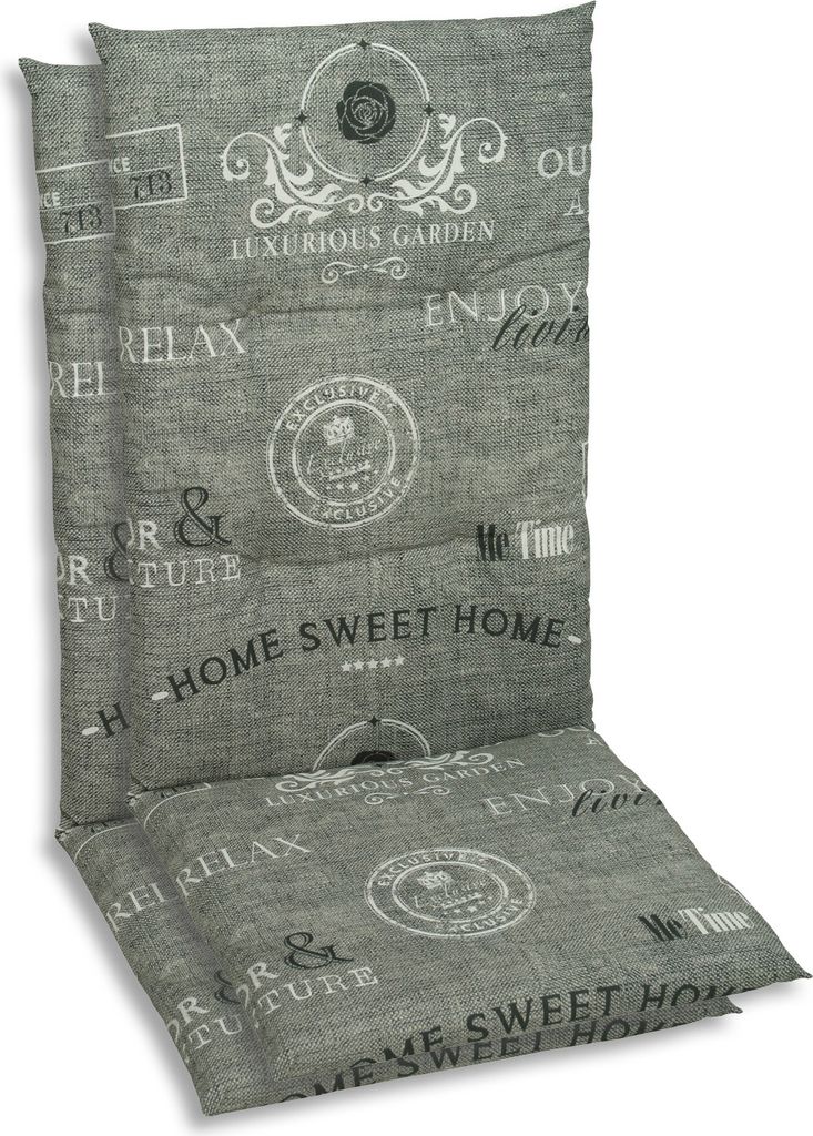 Two chair cushions stacked on top of each other, with a grey fabric and a pattern of text and decorative elements.