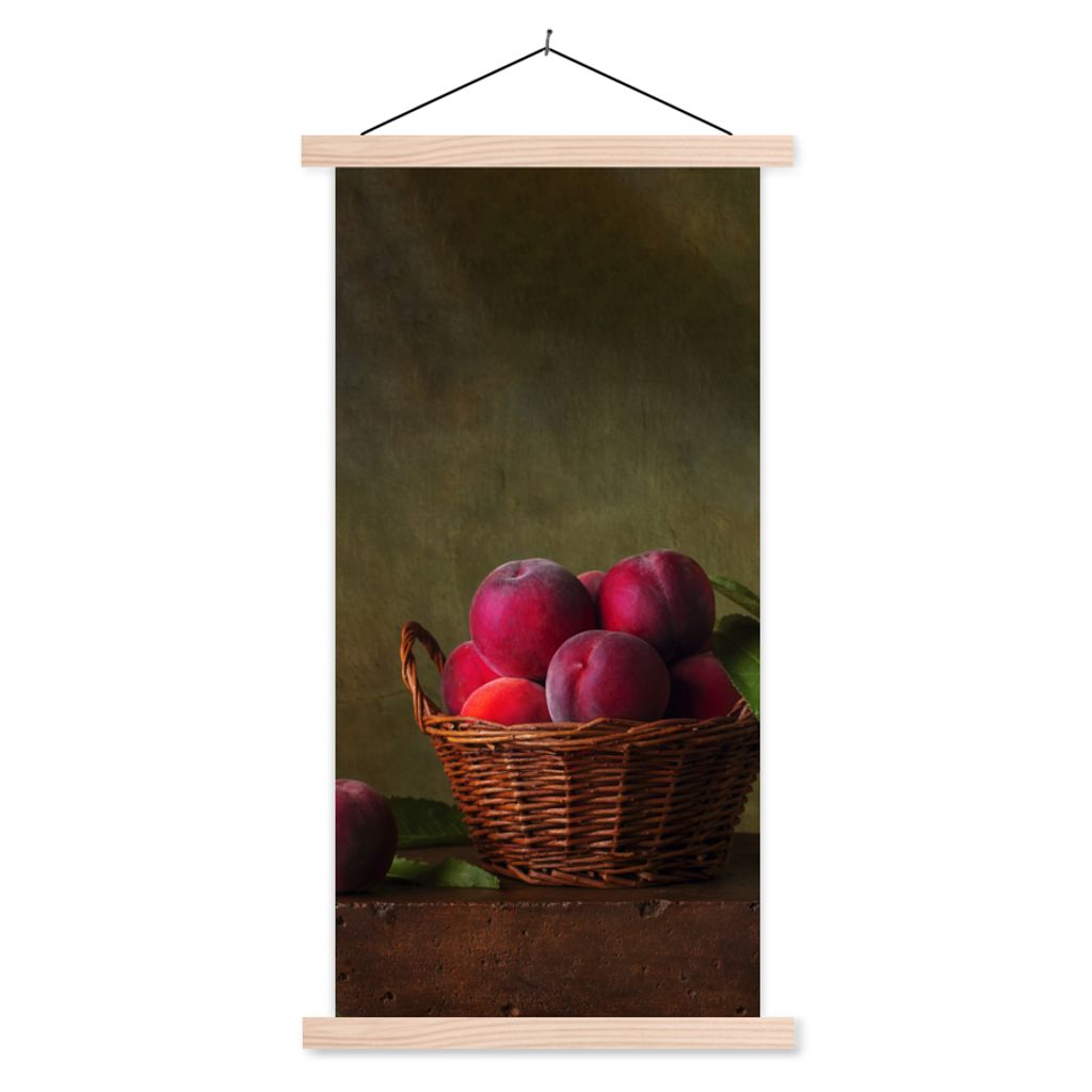 MuchoWow Textilposter Korb - Pflaume - Rosa - Rustikal - Obst - Stilleben 60x120 cm mit holzfarbenen Rahmen - Holz