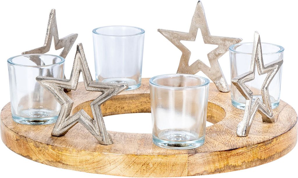 Adventskranz ø30cm Mango Holz Silber Natur Kerzenhalter Sterne Weihnachten Deko