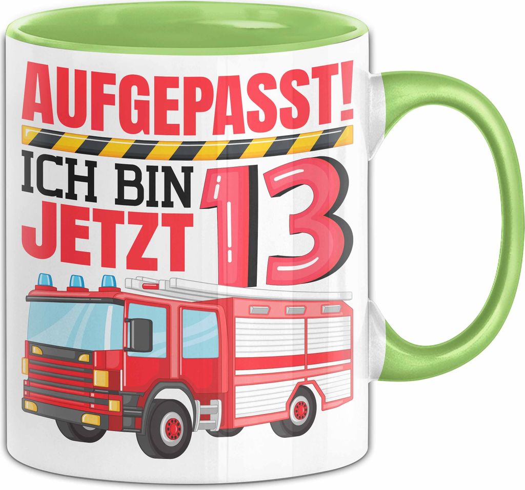 13. Geburtstag Geschenk Tasse Becher Jungs Feuerwehr Aufgepasst Ich Bin Jetzt 13 Teenager (Grün)