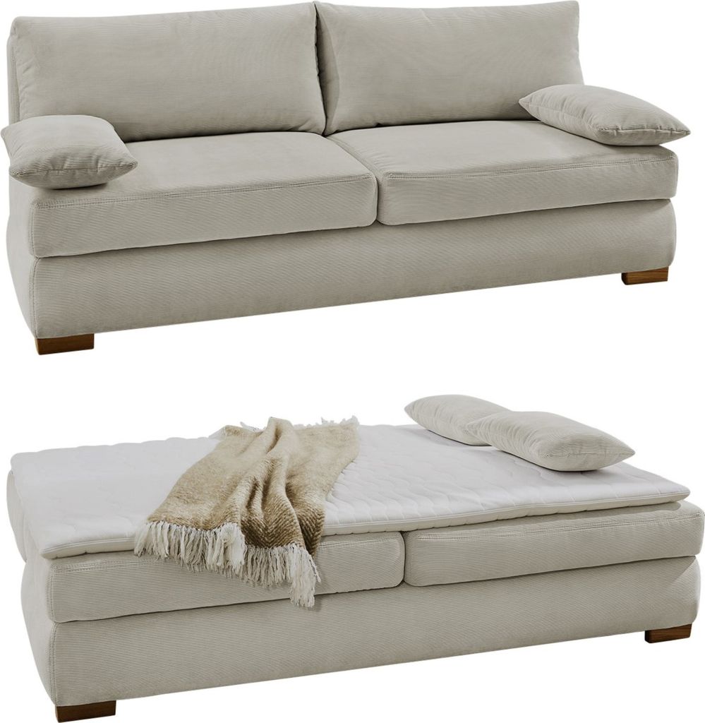 Dauer-Schlafsofa Federkern Couch mit Topper und Bettkasten in Feincord Beige / 15151