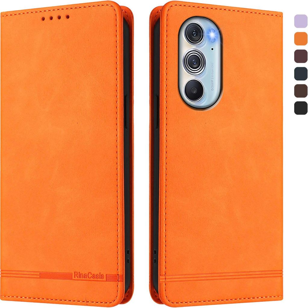 Hülle für Motorola Edge 30 Pro, Retro Kunstleder Ständer Klapphülle mit Kartenfächer und Magnetische Orange