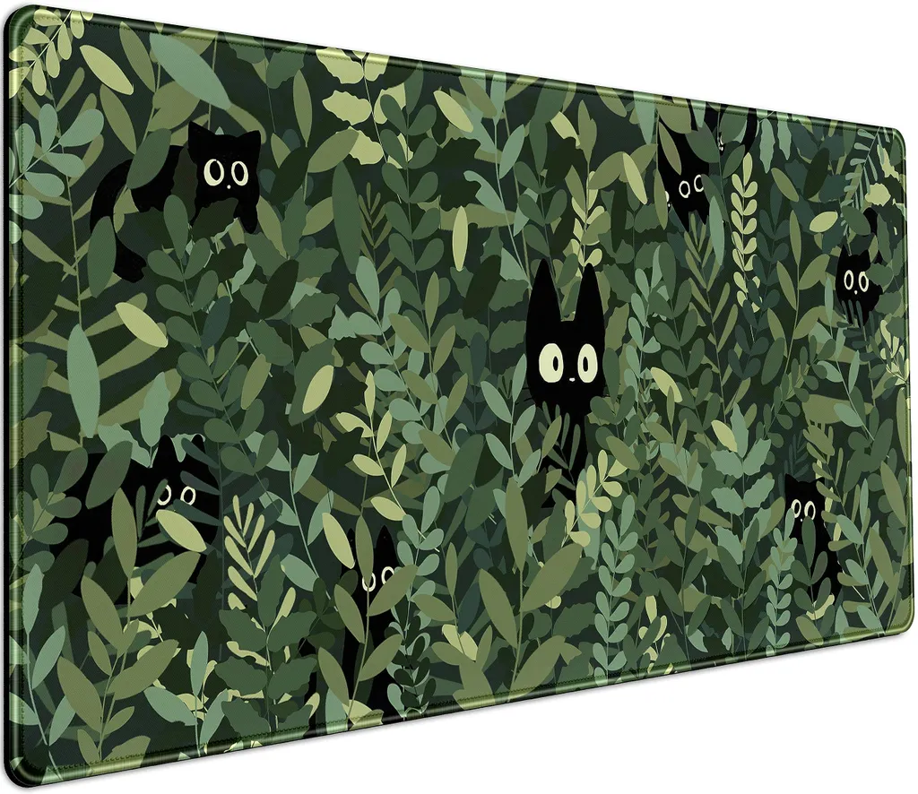Tapis de souris XXL Chat Anime et feuilles vertes - Sous-main Kawaii