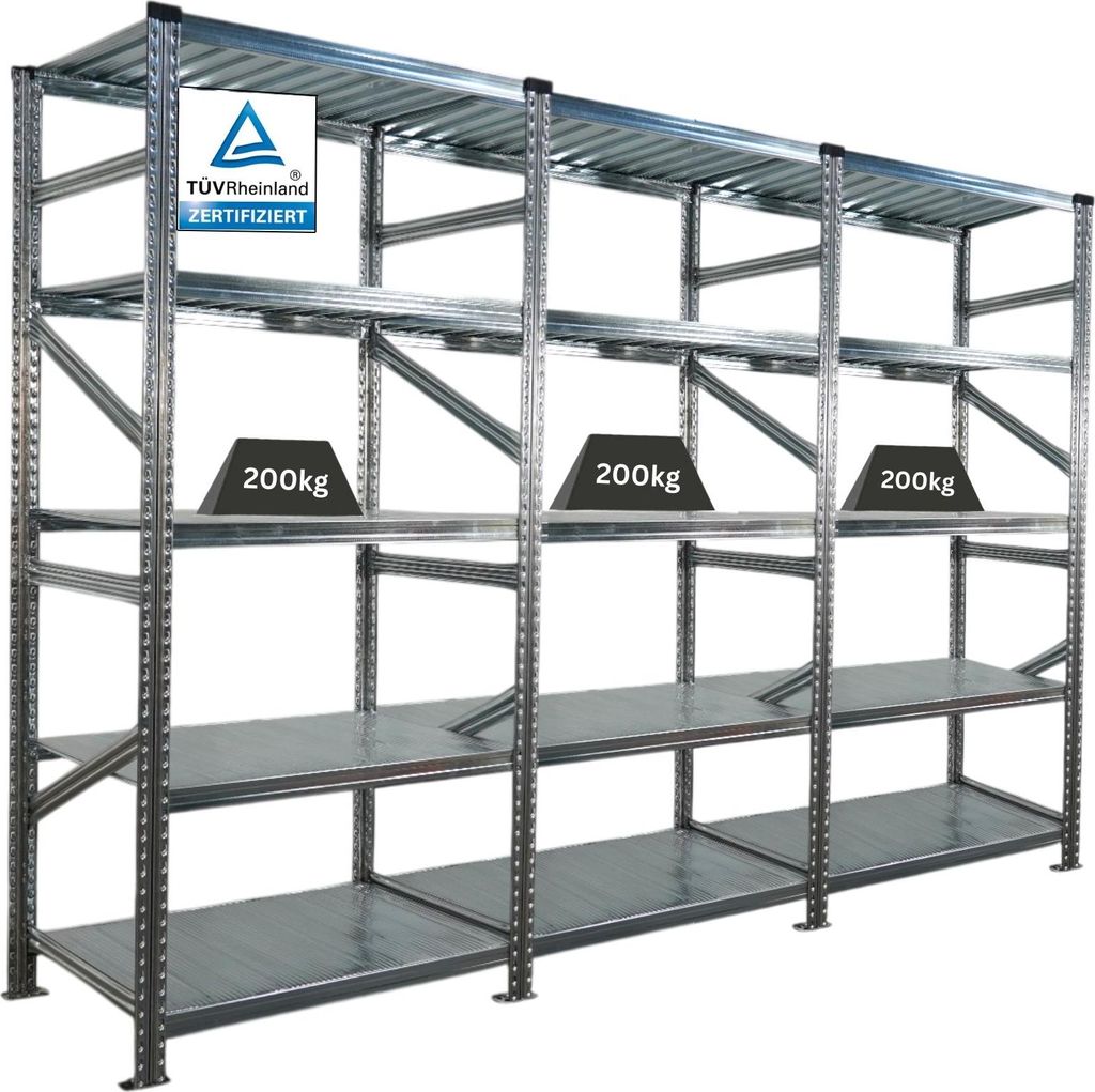 Fachbodenregal PROXIMO mit Stecksystem | Komplettregal | HxBxT 200x270x70cm | 5 Ebenen | Fachlast 200 kg | Beidseitig nutzbar | Verzinkt
