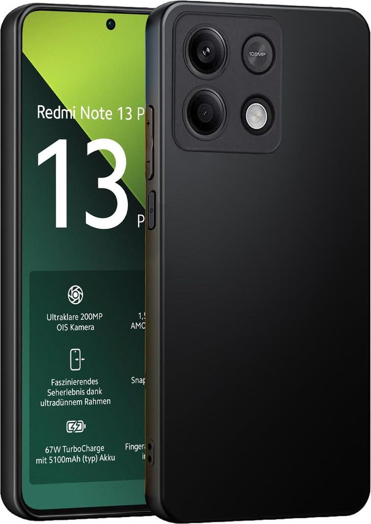 A black smartphone is shown with a green screen displaying product information.