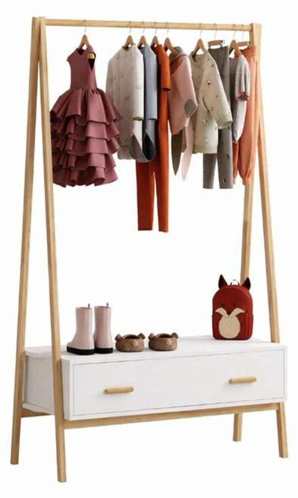 Kinder Kledingrek 130 cm – Weiß mit Holztür – Kleiderschrank mit Aufbewahrungsraum für Kinderzimmer