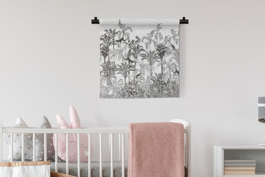 MuchoWow Wandteppich Wandbehang Dschungel - Tiere - Schwarz - Weiß 60x60 cm Tapisserie Dekoration Wandtuch - Dekorationen - Wand Decke