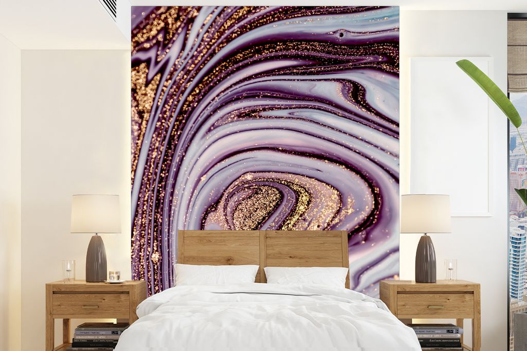 MuchoWow Fototapete für Wohnzimmer oder Schlafzimmer Wandtapete Vinyl Motivtapete Marmor - Rosa - Gold - Glitter - Marmoroptik - Luxus - 205x280...