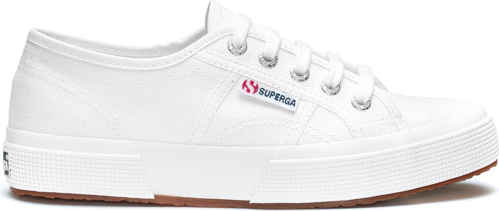 A white Superga sneaker is shown from the side against a white background.