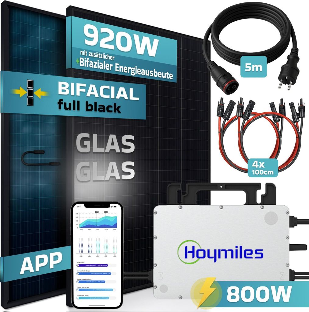 SUNNIVA 920W Balkonkraftwerk BIFAZIAL FULLBLACK komplett Steckdose HOYMILES 800W Wechselrichter, PV Solaranlage, 5m Kabel, Bluetooth WIFI