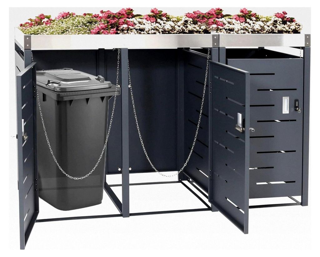 3er-Mülltonnenverkleidung HWC-H40b, Mülltonnenbox, Pflanzkasten Edelstahl-Metall-Kombi 63kg 110x175x62cm erweiterbar