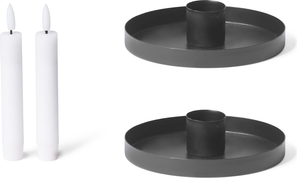 Novaliv 2er-Set Stabkerzenhalter Durchmesser 6cm matt SCHWARZ mit LED Kerze flackernde Flamme Stabkerze Kerzenhalter Adventskranz scandic chic Kerz...
