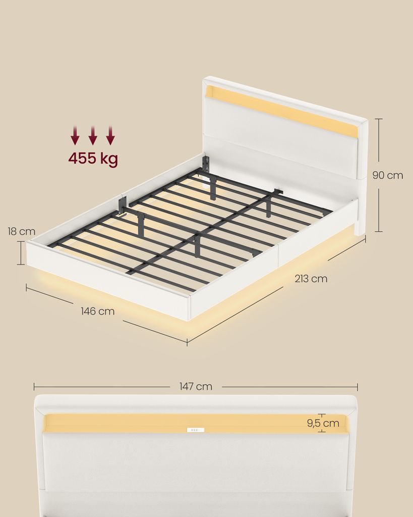 Diagram showing dimensions and weight capacity of a bed frame.