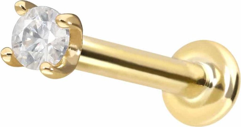 Ohrpiercing, Nasenpiercing 14 Karat Gold Labret mit Innengewinde MOISSANIT Gold Stablänge: 7mm | Stabstärke: 1mm | Kristallgröße: 2mm