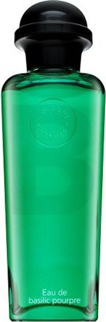 A clear, front-facing studio shot of a green glass perfume bottle with a black cap.